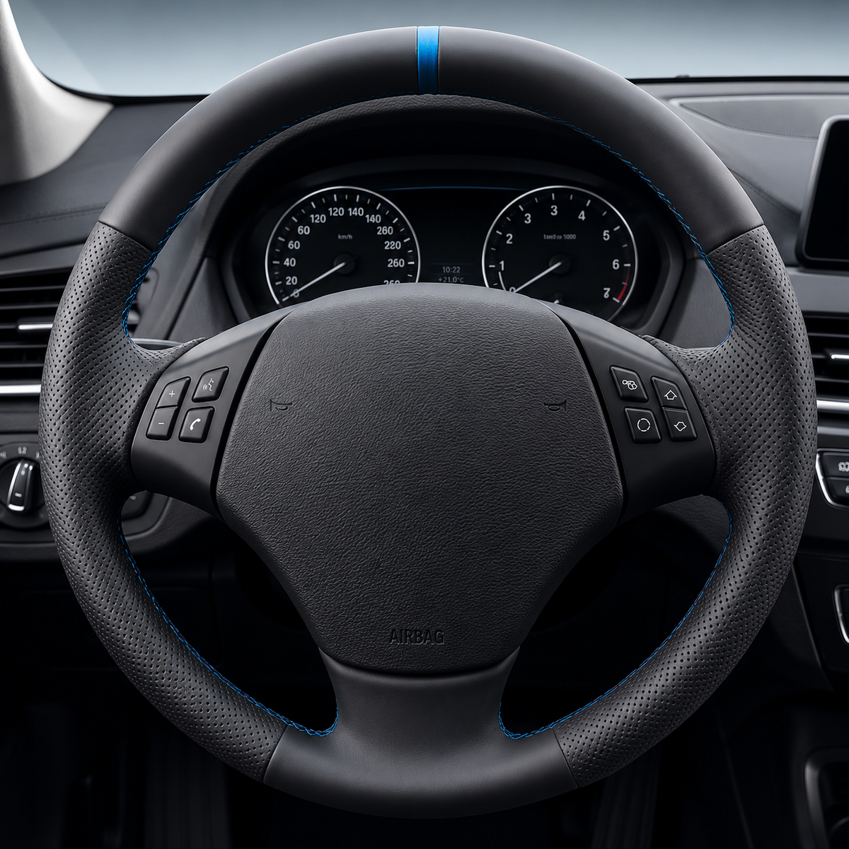 Performance Lenkradbezug passend für BMW E81 E82 E87 E88 E90 E91 E92 E93 E84 – Leder – blaue 12-Uhr-Markierung