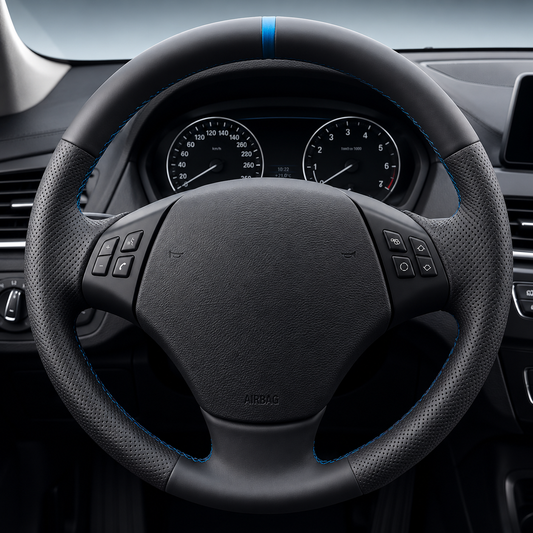 Performance Lenkradbezug passend für BMW E81 E82 E87 E88 E90 E91 E92 E93 E84 – Leder – blaue 12-Uhr-Markierung