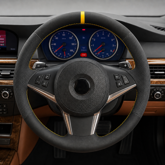 Performance Lenkradbezug passend für BMW E60 E61 E63 E64 – Leder – gelbe 12-Uhr-Markierung