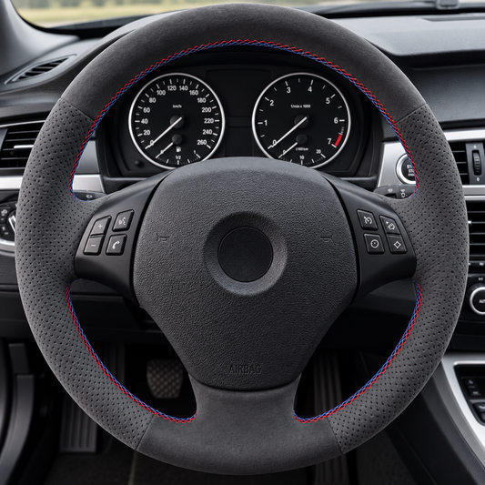 Performance Lenkradbezug passend für BMW E81 E82 E87 E88 E90 E91 E92 E93 E84 – Alcantara – blau/rote Naht