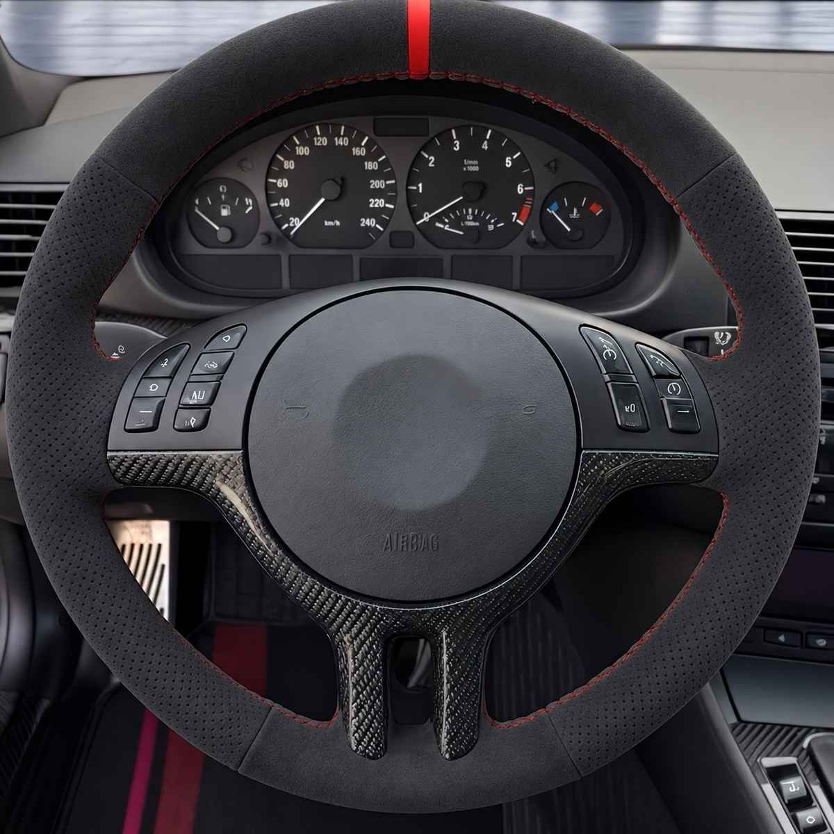 Performance Lenkradbezug passend für BMW E36 E46 E39 E38 E31 E83 E53 Z3 – Alcantara – rote 12-Uhr-Markierung
