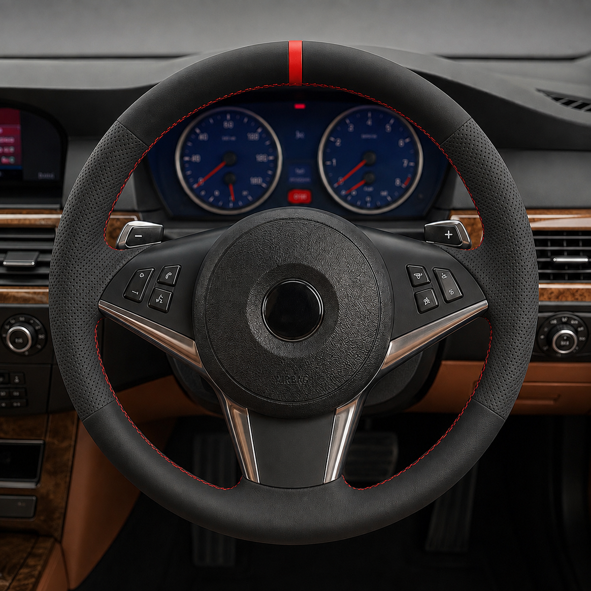 Performance Lenkradbezug passend für BMW E60 E61 E63 E64 – Leder – rote 12-Uhr-Markierung