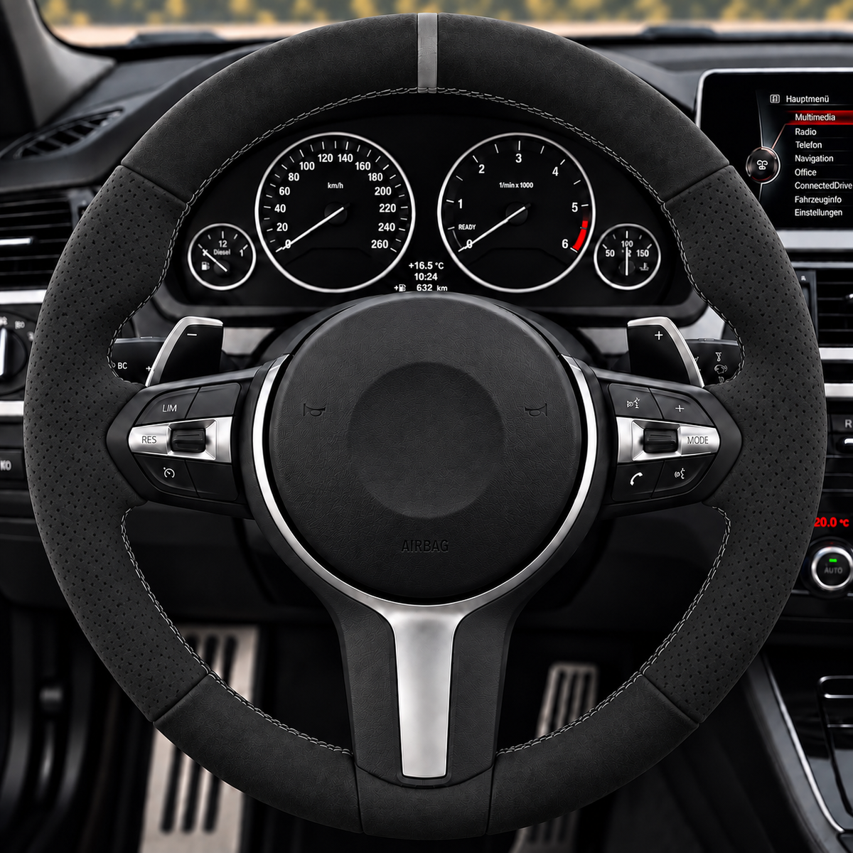 Performance Lenkradbezug passend für BMW F20 F21 F22 F23 F45 F46 F87 F30 F31 F34 F80 F32 F33 F36 F82 F83 F10 F11 F07 F06 F12 F13 F48 F39 F25 F26 F15 F85 F16 F86 – Alcantara perforiert – graue 12-Uhr-Markierung