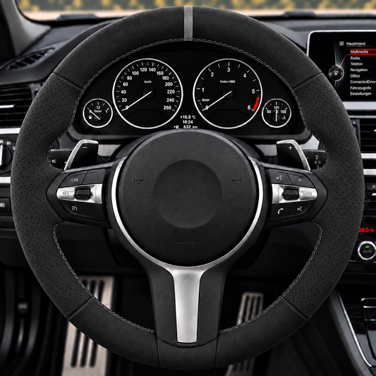 Performance Lenkradbezug passend für BMW F20 F21 F22 F23 F45 F46 F87 F30 F31 F34 F80 F32 F33 F36 F82 F83 F10 F11 F07 F06 F12 F13 F48 F39 F25 F26 F15 F85 F16 F86 – Alcantara perforiert – graue 12-Uhr-Markierung