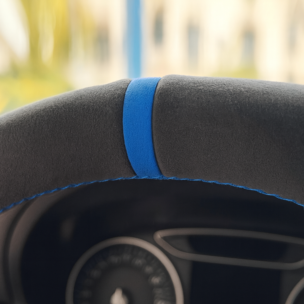 Performance Lenkradbezug passend für BMW E81 E82 E87 E88 E90 E91 E92 E93 E84 – Alcantara blaue 12-Uhr-Markierung