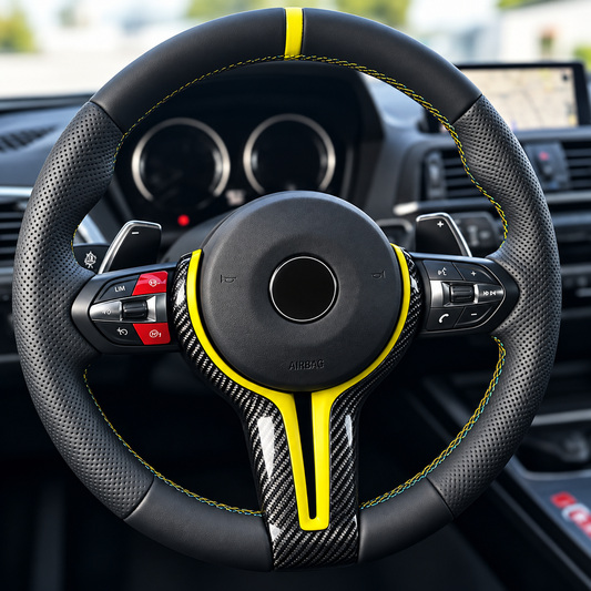 Echt Carbon Lenkradspange passend für BMW F20 F21 F22 F23 F30 F31 F32 F33 F36 F10 F11 F48 F39 F25 F26 F15 F16 – Gelb