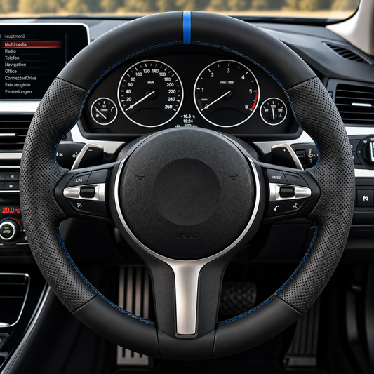Performance Lenkradbezug passend für BMW F20 F21 F22 F23 F45 F46 F87 F30 F31 F34 F80 F32 F33 F36 F82 F83 F10 F11 F07 F06 F12 F13 F48 F39 F25 F26 F15 F85 F16 F86 – Leder – blaue 12-Uhr-Markierung