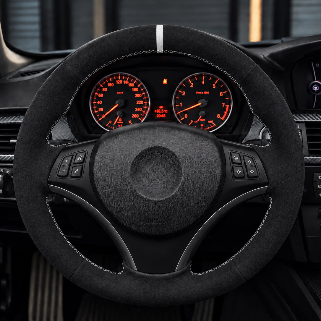 Performance Lenkradbezug passend für BMW E81 E82 E87 E88 E90 E91 E92 E93 E84 – Alcantara weiße 12-Uhr-Markierung