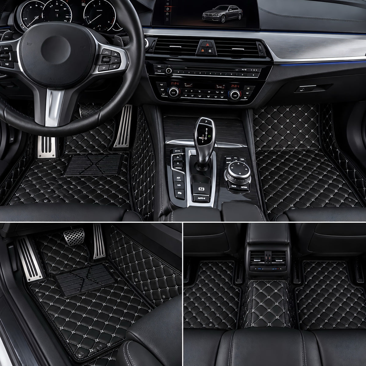 Performance Luxus Teppiche / Fußmatten passend für BMW G30 G31 G38 F90 5er M5 – Weiße Nähte