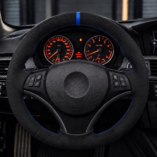 Performance Lenkradbezug passend für BMW E81 E82 E87 E88 E90 E91 E92 E93 E84 – Alcantara perforiert blaue 12-Uhr-Markierung