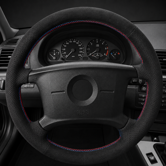 Performance Lenkradbezug passend für BMW E36 E46 E39 E38 E31 E83 E53 Z3 – Alcantara blau/rote Naht