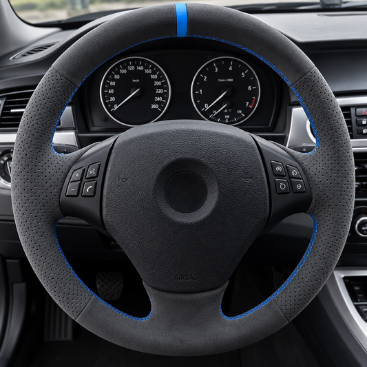 Performance Lenkradbezug passend für BMW E81 E82 E87 E88 E90 E91 E92 E93 E84 – Alcantara – blaue 12-Uhr-Markierung