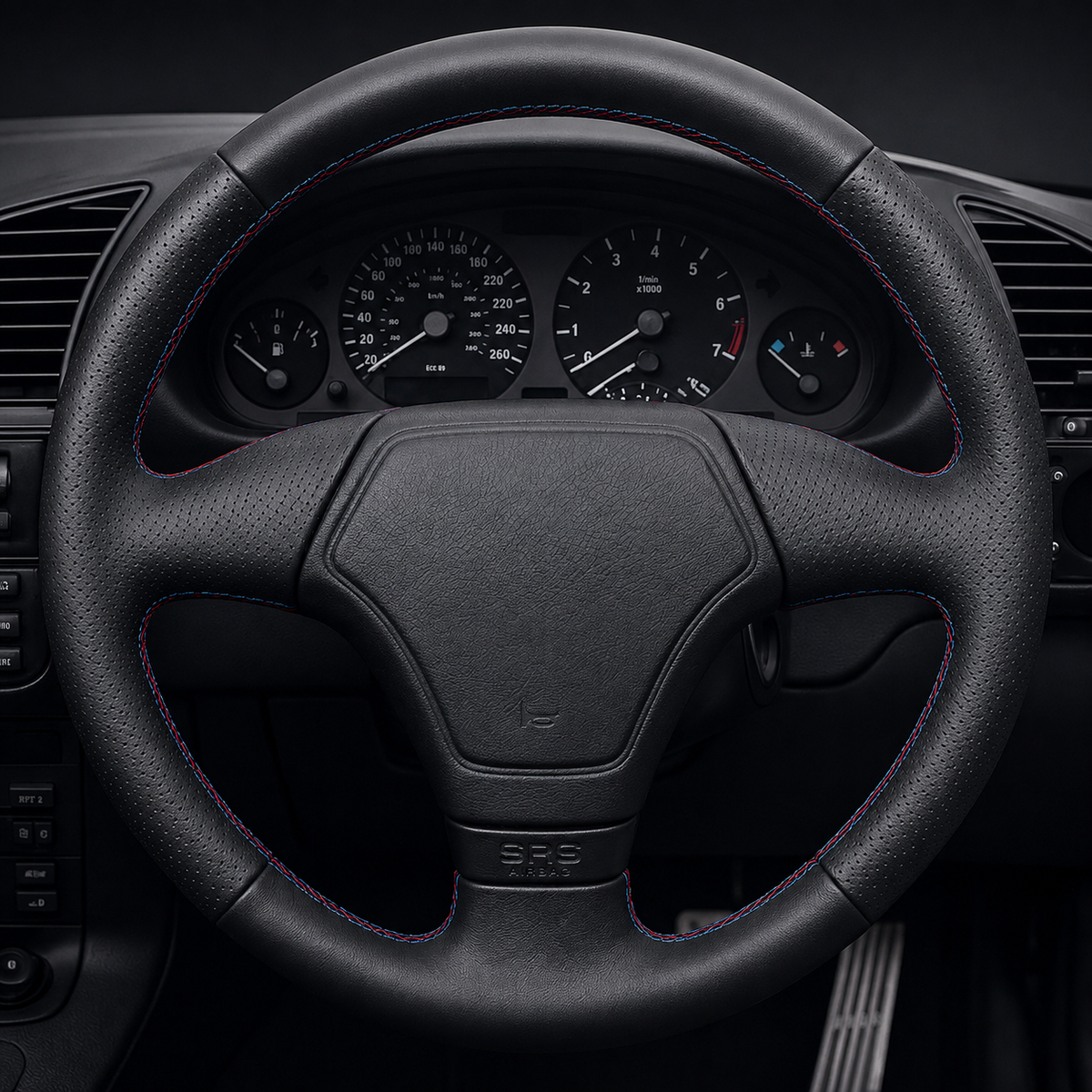 Performance Lenkradbezug passend für BMW E36 E46 E39 E38 E31 E83 E53 Z3 – Leder rot/blaue Naht
