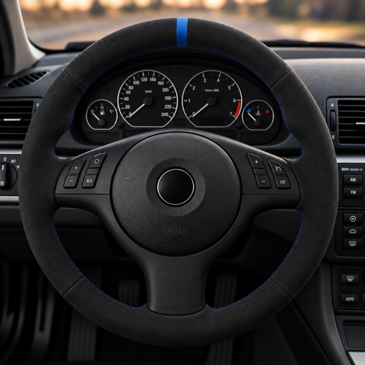 Performance Lenkradbezug passend für BMW E46 E39 E83 E53 Z3 – Alcantara blaue 12-Uhr-Markierung