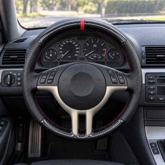 Performance Lenkradbezug passend für BMW E36 E46 E39 E38 E31 E83 E53 Z3 – Carbon/Leder – rote 12-Uhr-Markierung mit