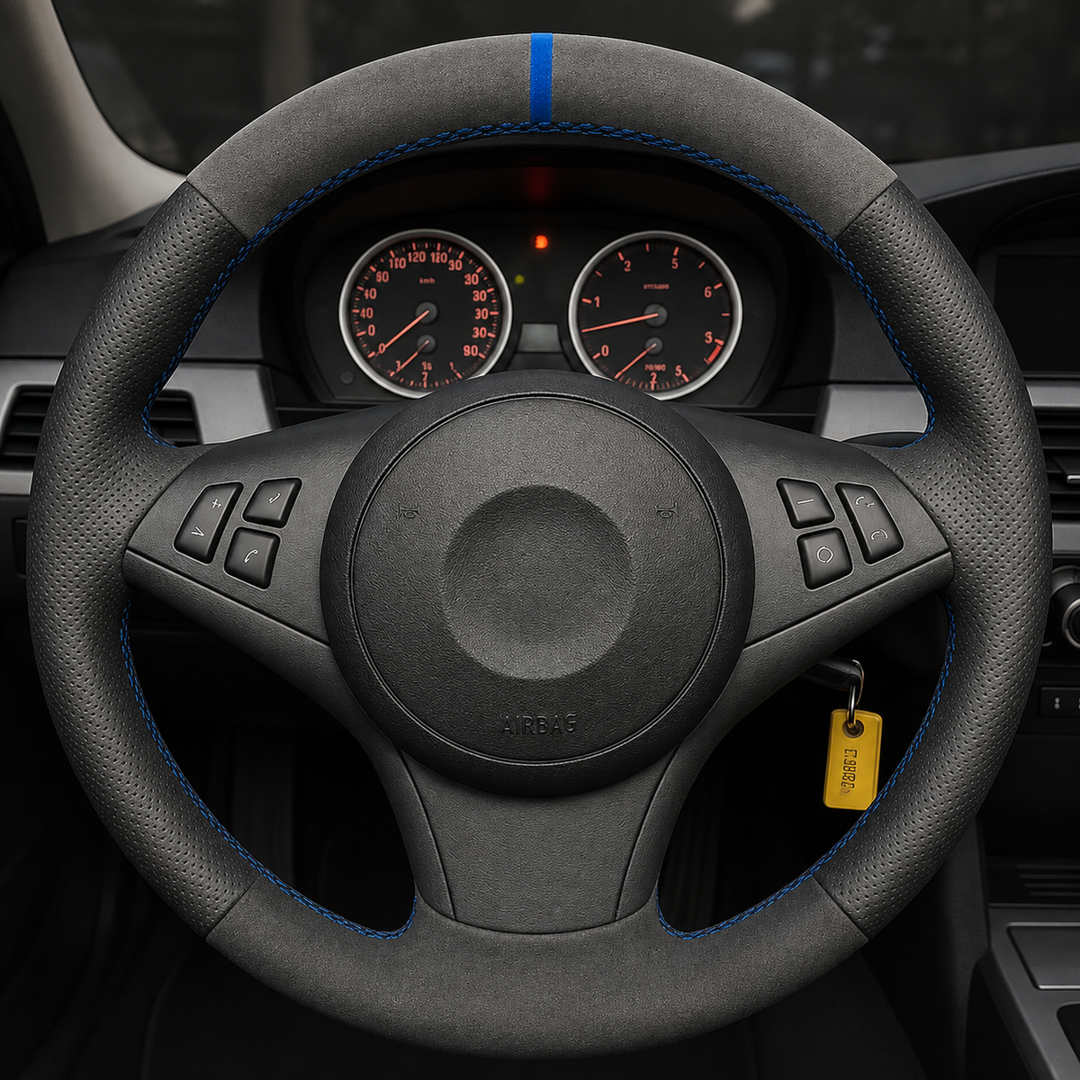 Performance Lenkradbezug passend für BMW E60 E61 E63 E64 – Alcantara/Leder – blaue 12-Uhr-Markierung