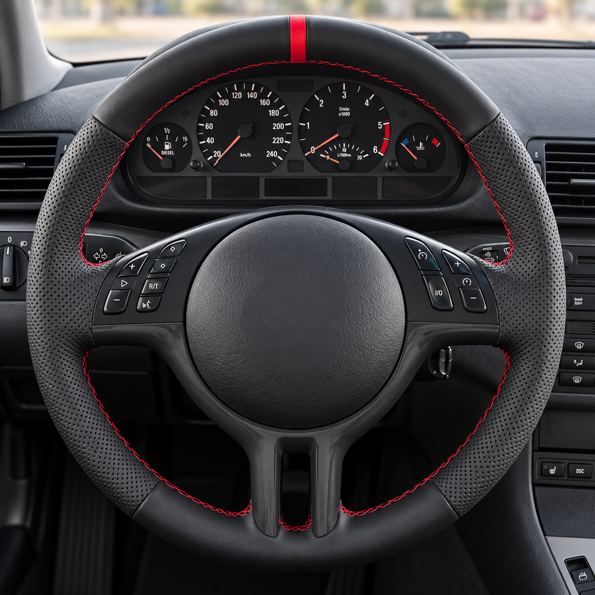 Performance Lenkradbezug passend für BMW E36 E46 E39 E38 E31 E83 E53 Z3 – Leder – rote 12-Uhr-Markierung