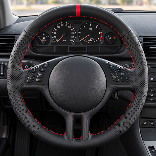 Performance Lenkradbezug passend für BMW E36 E46 E39 E38 E31 E83 E53 Z3 – Leder – rote 12-Uhr-Markierung