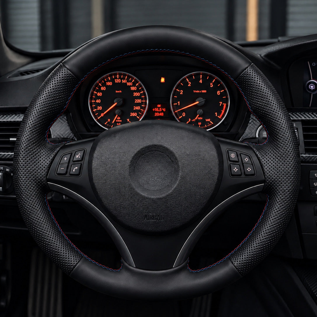 Performance Lenkradbezug passend für BMW E81 E82 E87 E88 E90 E91 E92 E93 E84 – Leder rot/blau