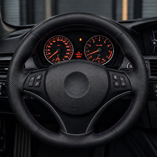 Performance Lenkradbezug passend für BMW E81 E82 E87 E88 E90 E91 E92 E93 E84 – Leder rot/blau