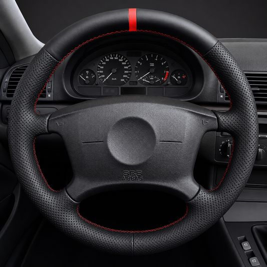 Performance Lenkradbezug passend für BMW E36 E46 E39 E38 E31 E83 E53 Z3 – Leder rote 12-Uhr-Markierung