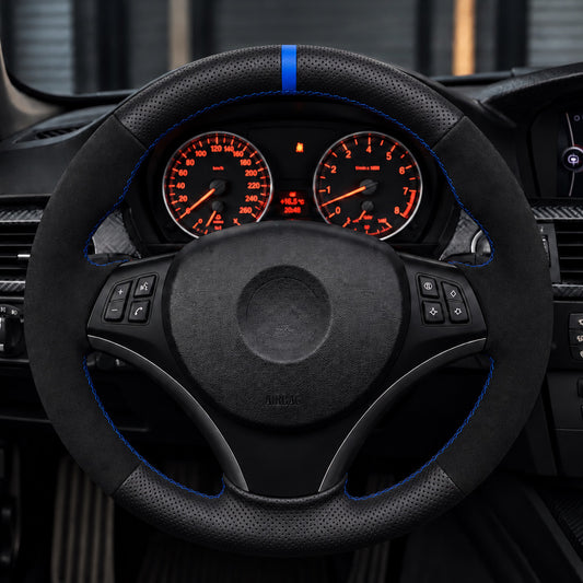 Performance Lenkradbezug passend für BMW E81 E82 E87 E88 E90 E91 E92 E93 E84 – Alcantara/Leder blaue 12-Uhr-Markierung