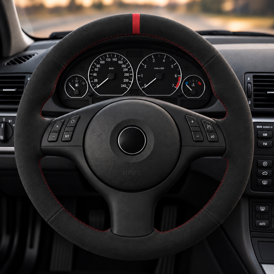 Performance Lenkradbezug passend für BMW E46 E39 E83 E53 Z3 – Alcantara rote 12-Uhr-Markierung