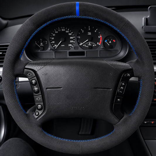 Performance Lenkradbezug passend für BMW E36 E46 E39 E38 E31 E83 E53 Z3 – Alcantara blaue 12-Uhr-Markierung