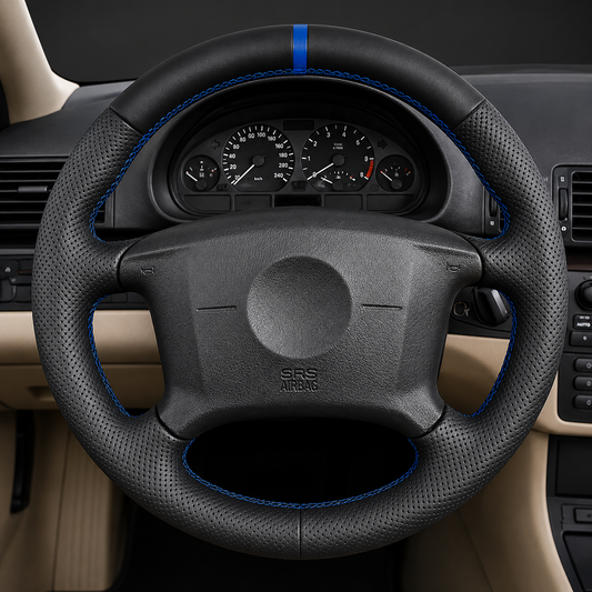 Performance Lenkradbezug passend für BMW E36 E46 E39 E38 E31 E83 E53 Z3 – Leder blaue 12-Uhr-Markierung