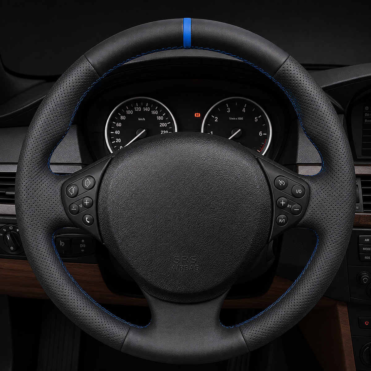 Performance Lenkradbezug passend für BMW E36 E46 E39 E38 E31 E83 E53 Z3 – Leder blaue 12-Uhr-Markierung