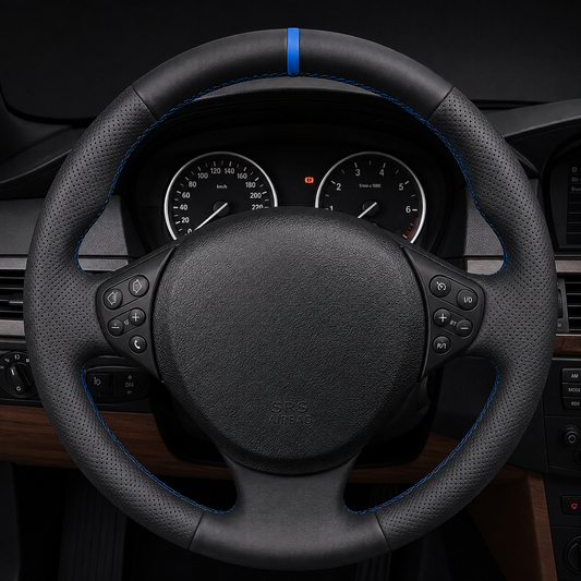 Performance Lenkradbezug passend für BMW E36 E46 E39 E38 E31 E83 E53 Z3 – Leder blaue 12-Uhr-Markierung