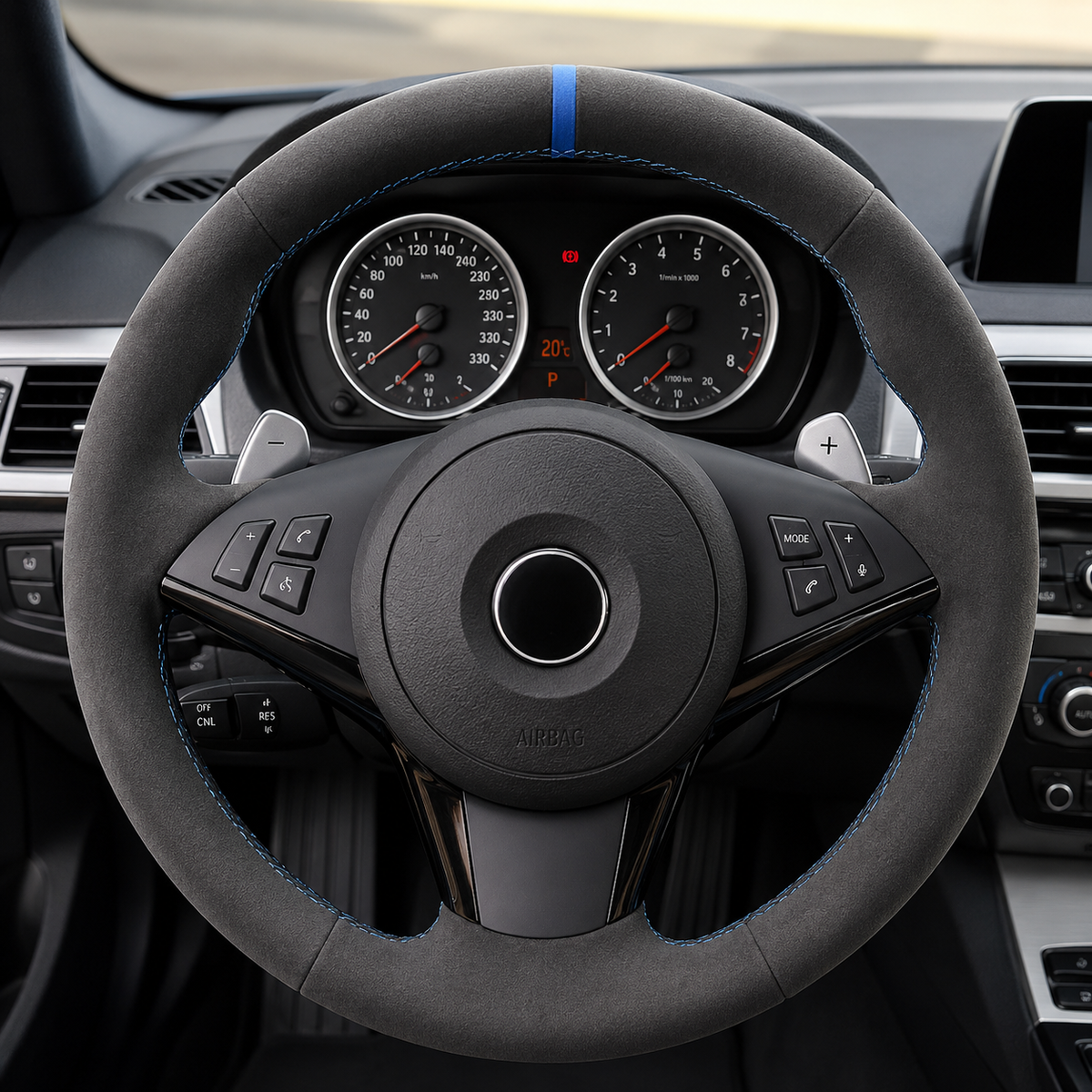 Performance Lenkradbezug passend für BMW E60 E61 E63 E64 – Alcantara – blaue 12-Uhr-Markierung