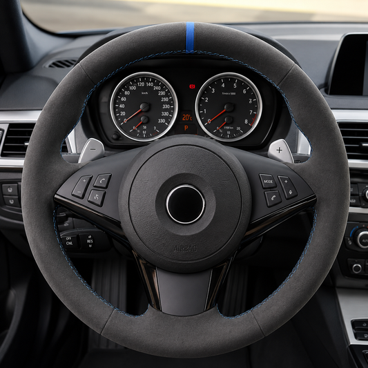 Performance Lenkradbezug passend für BMW E60 E61 E63 E64 – Alcantara – blaue 12-Uhr-Markierung