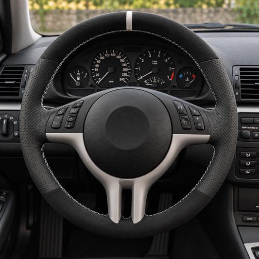 Performance Lenkradbezug passend für BMW E36 E46 E39 E38 E31 E83 E53 Z3 – Leder/Alcantara – weiße 12-Uhr-Markierung