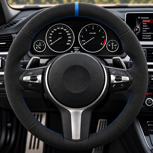 Performance Lenkradbezug passend für BMW F20 F21 F22 F23 F45 F46 F87 F30 F31 F34 F80 F32 F33 F36 F82 F83 F10 F11 F07 F06 F12 F13 F48 F39 F25 F26 F15 F85 F16 F86 – Alcantara – blaue 12-Uhr-Markierung