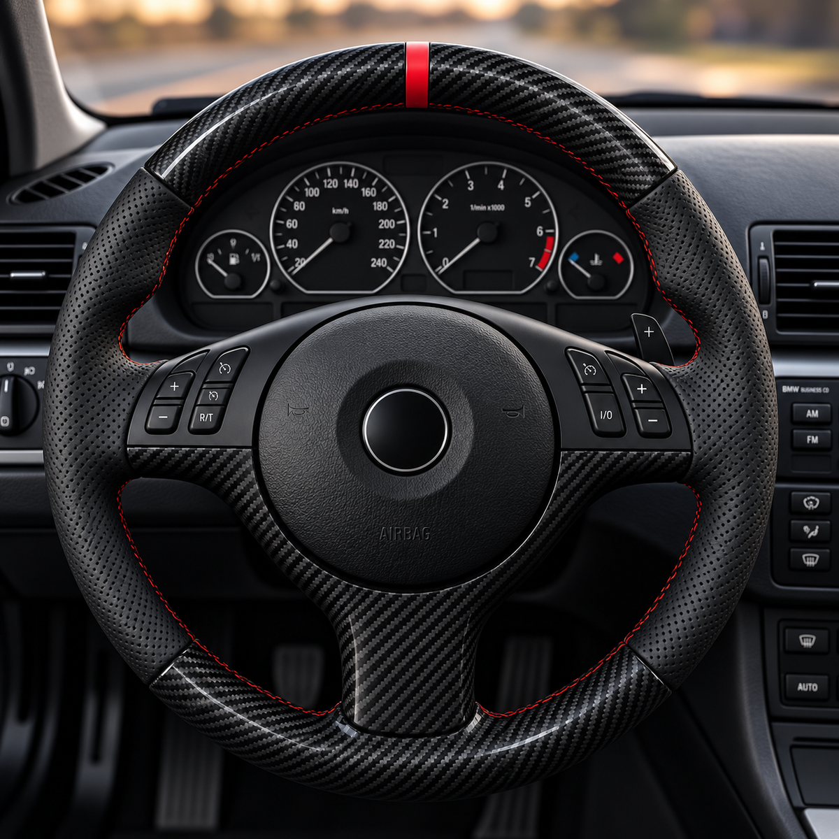 Performance Lenkradbezug passend für BMW E46 E39 E83 E53 Z3 – Leder/Carbon rote 12-Uhr-Markierung