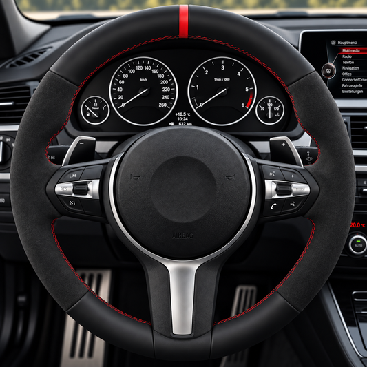 Performance Lenkradbezug passend für BMW F20 F21 F22 F23 F45 F46 F87 F30 F31 F34 F80 F32 F33 F36 F82 F83 F10 F11 F07 F06 F12 F13 F48 F39 F25 F26 F15 F85 F16 F86 – Alcantara/Leder – rote 12-Uhr-Markierung