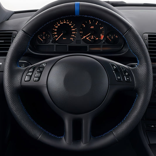 Performance Lenkradbezug - Leder glatt/perforiert + 12 Uhr Markierung blau - passend für BMW E46 E39