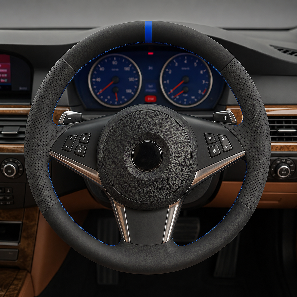 Performance Lenkradbezug passend für BMW E60 E61 E63 E64 – Leder – blaue 12-Uhr-Markierung