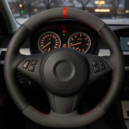 Performance Lenkradbezug - Alcantara + perforiertes Leder + 12 Uhr Markierung rot - passend für BMW E60 E61 E62 E63 E64