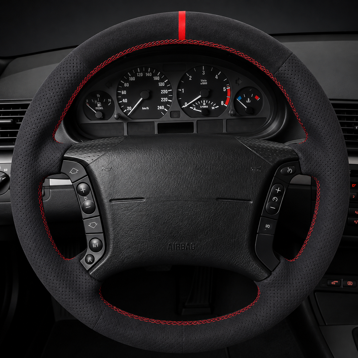 Performance Lenkradbezug passend für BMW E36 E46 E39 E38 E31 E83 E53 Z3 – Alcantara rote 12-Uhr-Markierung