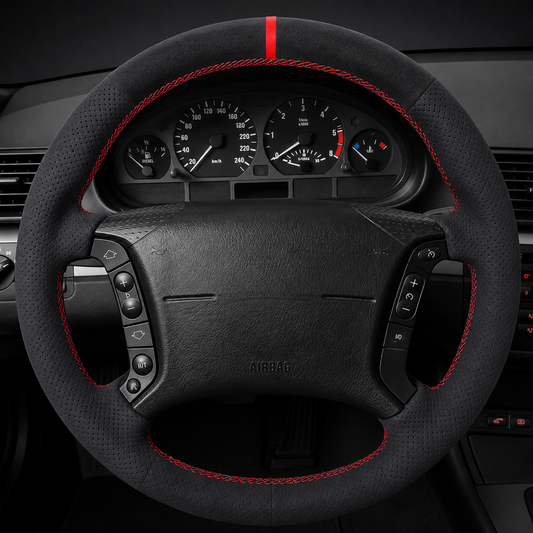 Performance Lenkradbezug passend für BMW E36 E46 E39 E38 E31 E83 E53 Z3 – Alcantara rote 12-Uhr-Markierung