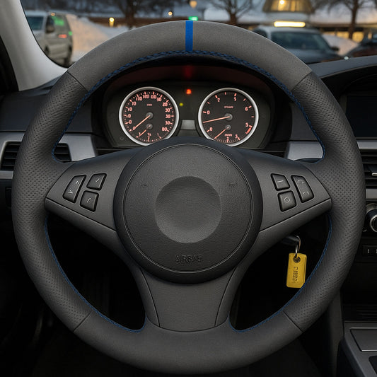 Performance Lenkradbezug - Alcantara + perforiertes Leder + 12 Uhr Markierung blau - passend für BMW E60 E61 E62 E63 E64