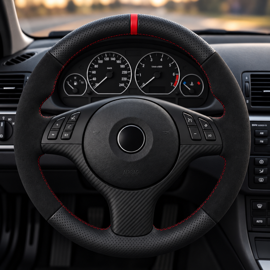 Performance Lenkradbezug passend für BMW E46 E39 E83 E53 Z3 – Alcantara/Leder rote 12-Uhr-Markierung