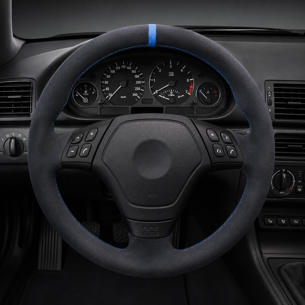 Performance Lenkradbezug passend für BMW E36 E46 E39 E38 E31 E83 E53 Z3 – Alcantara blaue 12-Uhr-Markierung