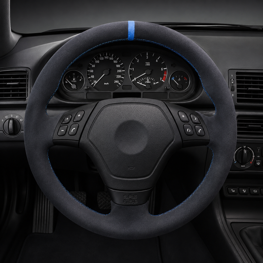 Performance Lenkradbezug passend für BMW E36 E46 E39 E38 E31 E83 E53 Z3 – Alcantara blaue 12-Uhr-Markierung