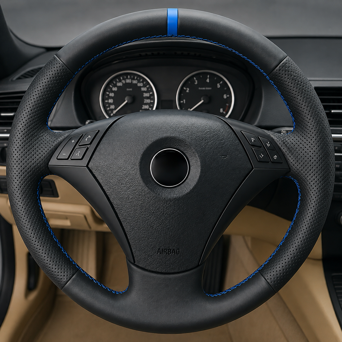 Performance Lenkradbezug passend für BMW E60 E61 E63 E64 – Leder – blaue 12-Uhr-Markierung
