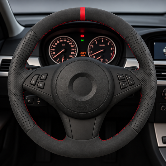 Performance Lenkradbezug passend für BMW E60 E61 E63 E64 – Alcantara/Leder – rote 12-Uhr-Markierung