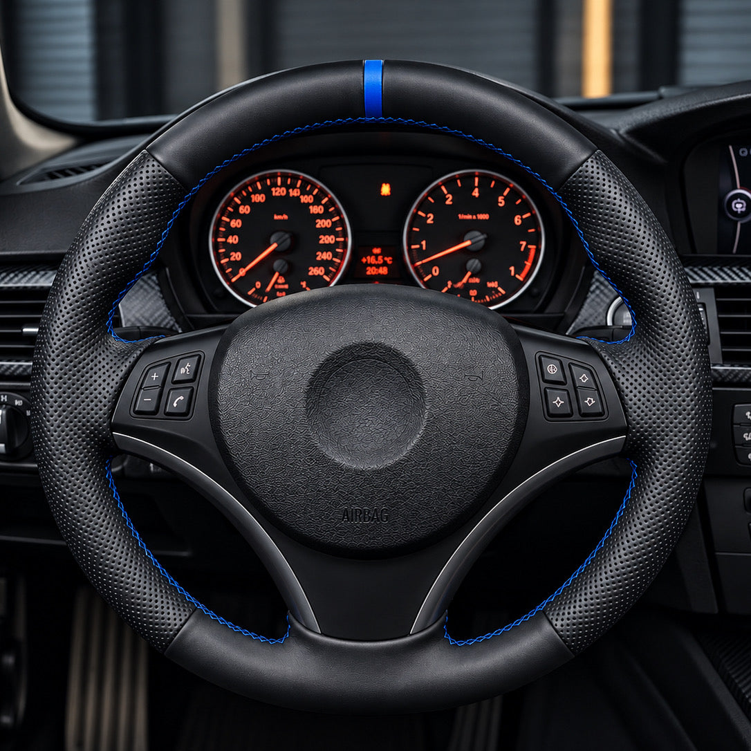 Performance Lenkradbezug passend für BMW E81 E82 E87 E88 E90 E91 E92 E93 E84 – Leder blaue 12-Uhr-Markierung