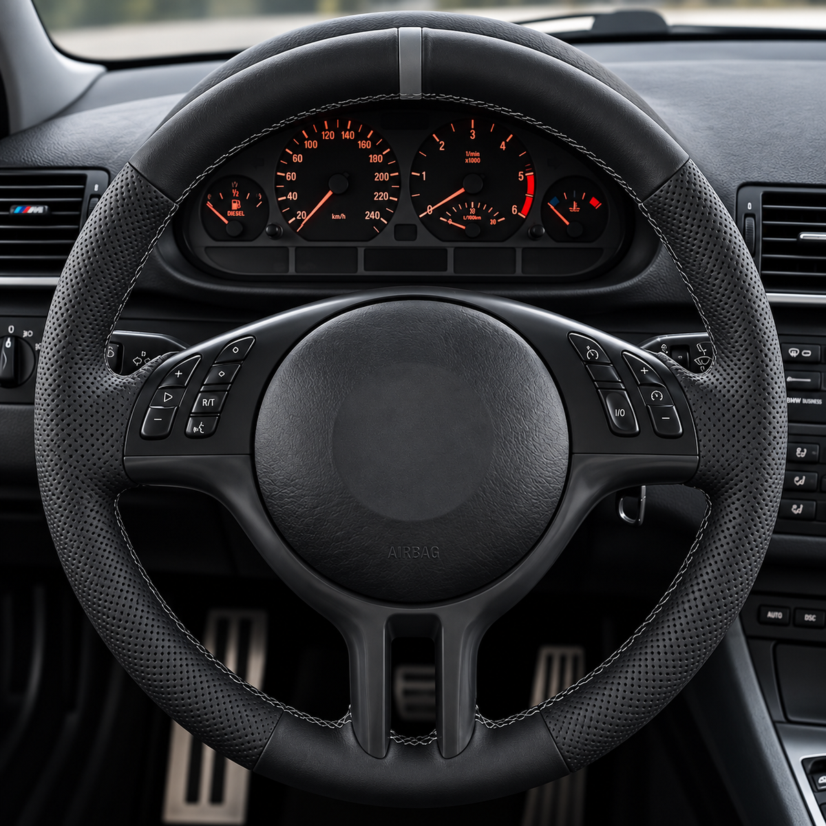 Performance Lenkradbezug passend für BMW E36 E46 E39 E38 E31 E83 E53 Z3 – Leder – graue 12-Uhr-Markierung